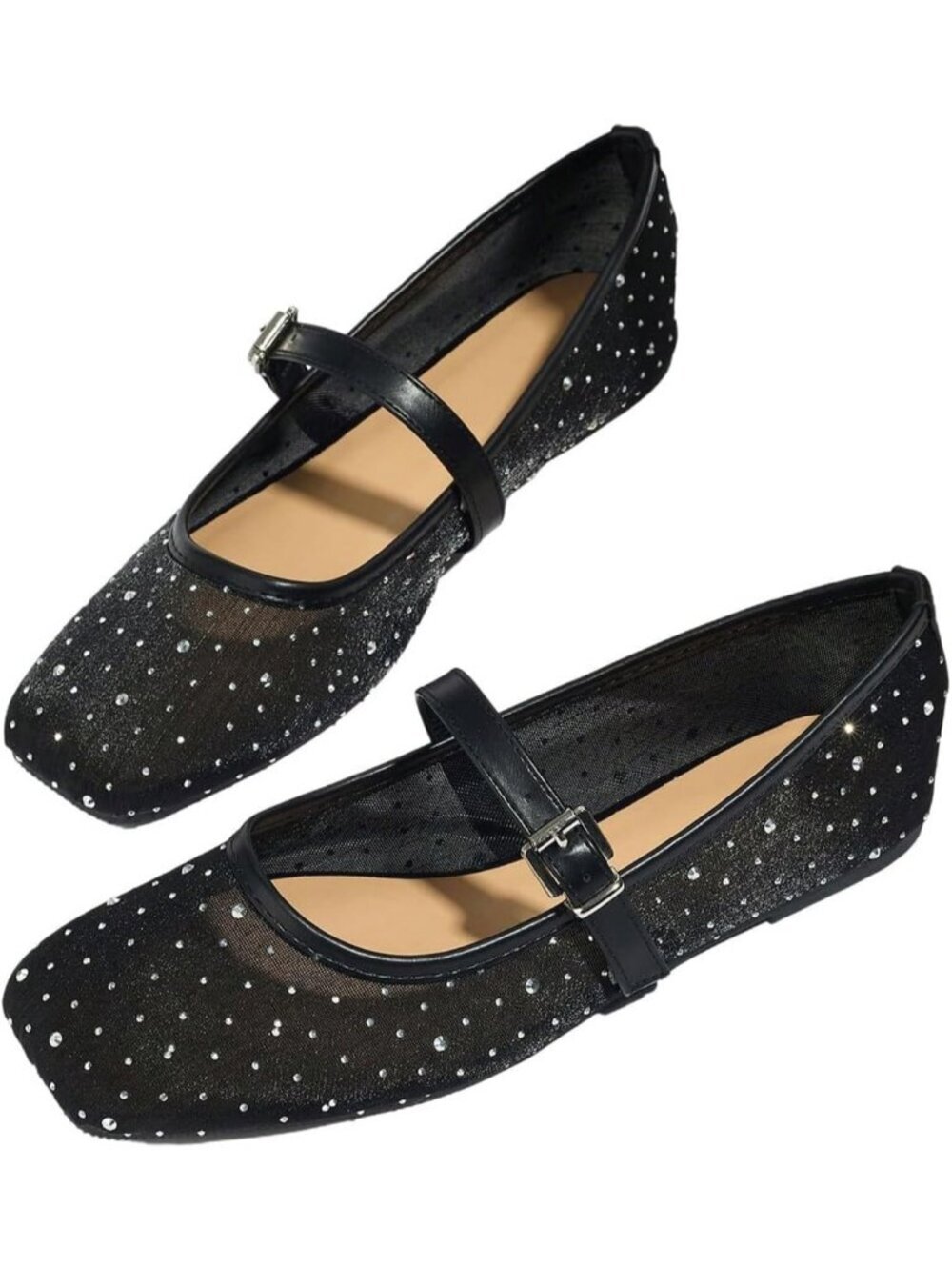 Women's Lace Mesh Ballet Flats Shoes Sparkly Square Closed Toe Shoes Summer Flat